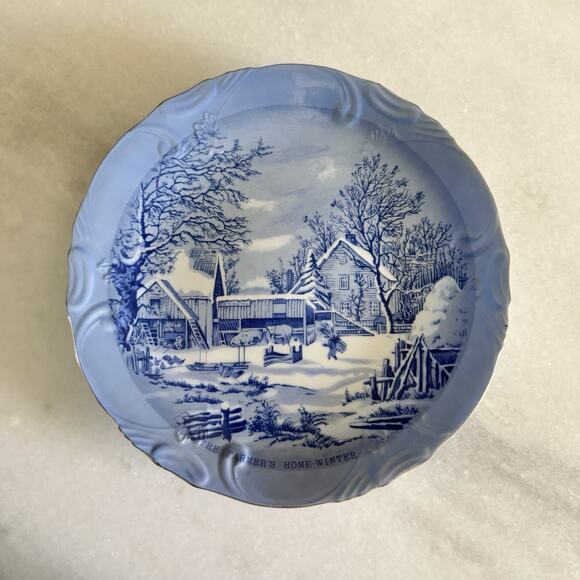Currier & Ives Other - Currier & Ives The Farmers Home -‎ Winter VINTAGE! Blue Collectible Plate 8”